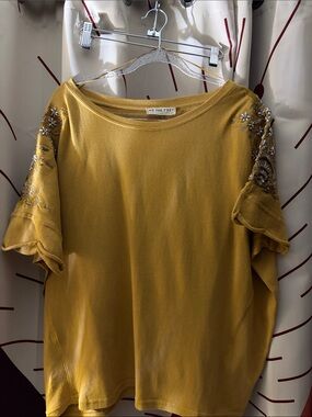 We The Free Sparkle Daze Tee inMustard Short Sleeve Tee with Embroidered Sleeves